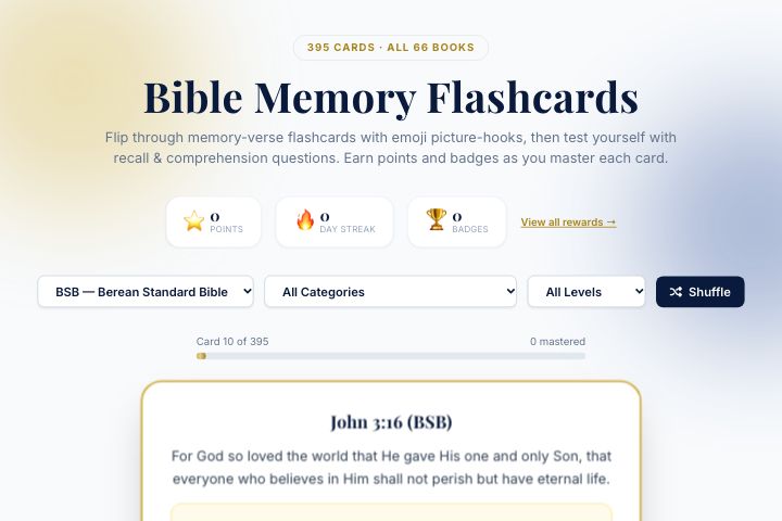 The flashcards page: the title, the points, streak and badge counters, the edition and topic choices, and a card turned over to show John 3:16 in the Berean Standard Bible.