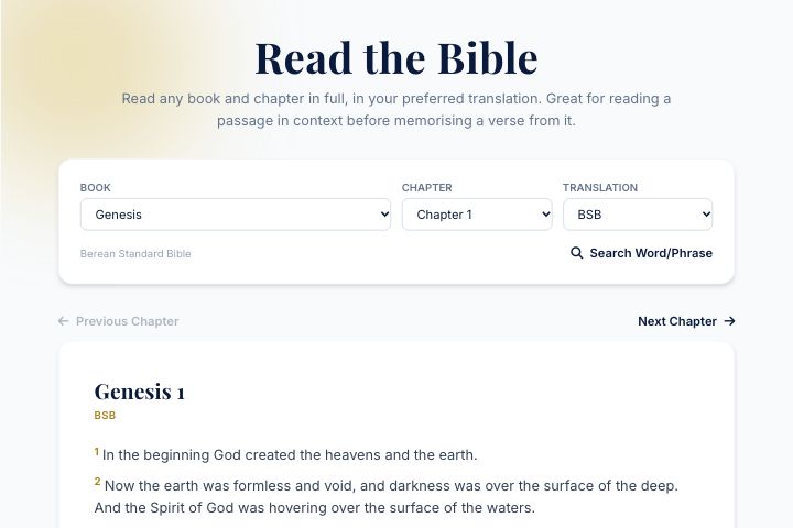 The Bible reader: Genesis 1 in the Berean Standard Bible, with the book, chapter and translation choices above the text.