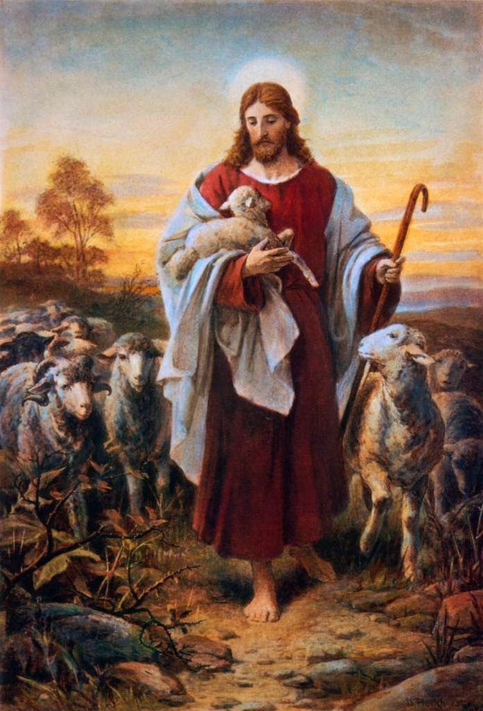 Classical painting of Jesus Christ as the Good Shepherd, carrying a lamb among His flock (Bernhard Plockhorst, public domain)
